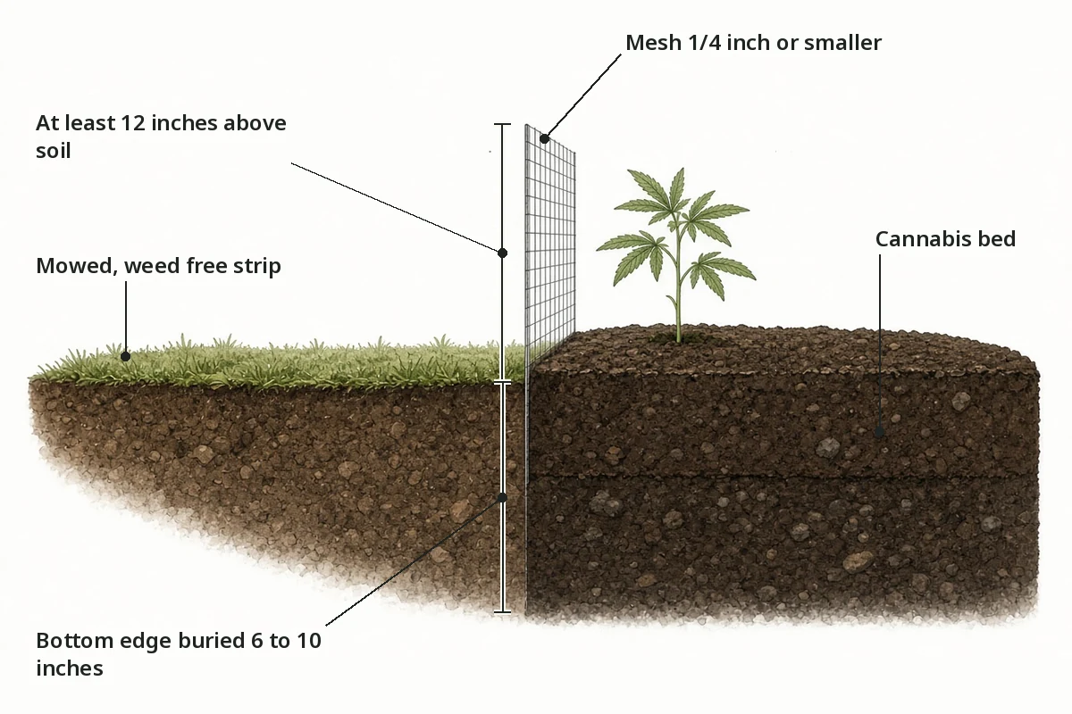 Cross section of a wire fence around a garden bed standing 12 inches above the soil with its lower edge buried 6 to 10 inches deep