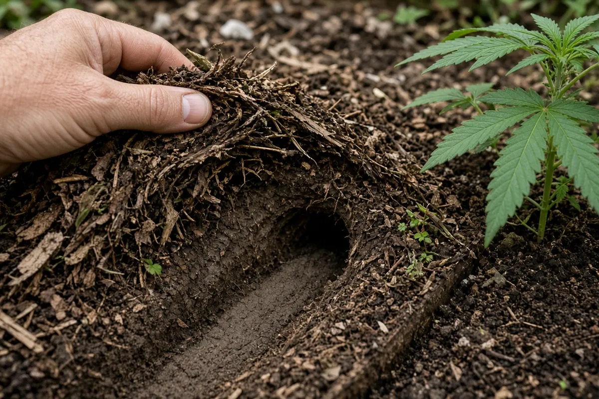 Narrow vole runway and small burrow hole exposed under pulled back mulch beside a cannabis bed