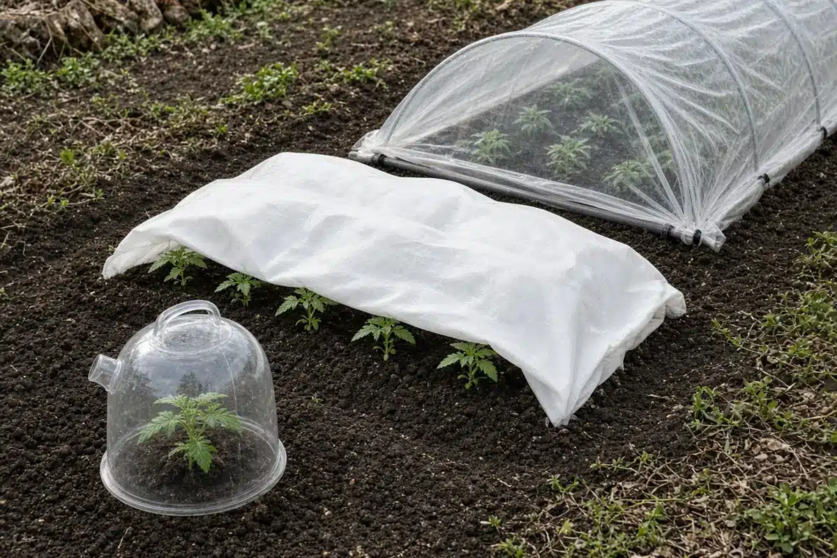 Spring garden bed with a clear cloche over one seedling, white row cover over a row and a plastic low tunnel on hoops