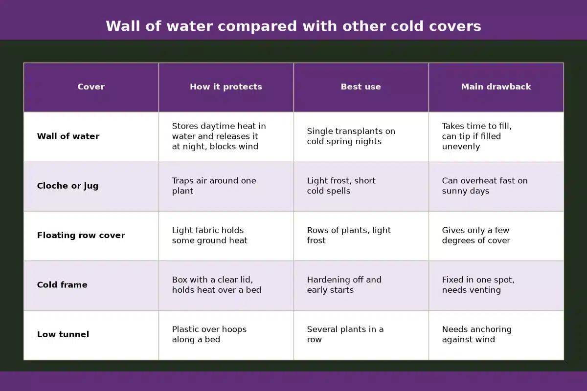 Table chart titled Wall of water compared with other cold covers, comparing how it protects, best use, main drawback for each cover