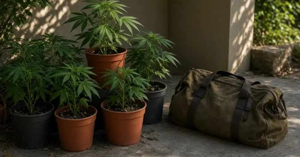 Watering plants while on vacation: potted cannabis grouped together in shade