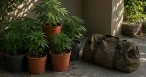 Watering plants while on vacation: potted cannabis grouped together in shade