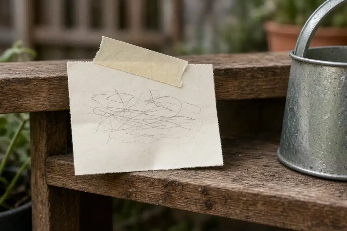 Handwritten plant sitter note taped beside a watering can