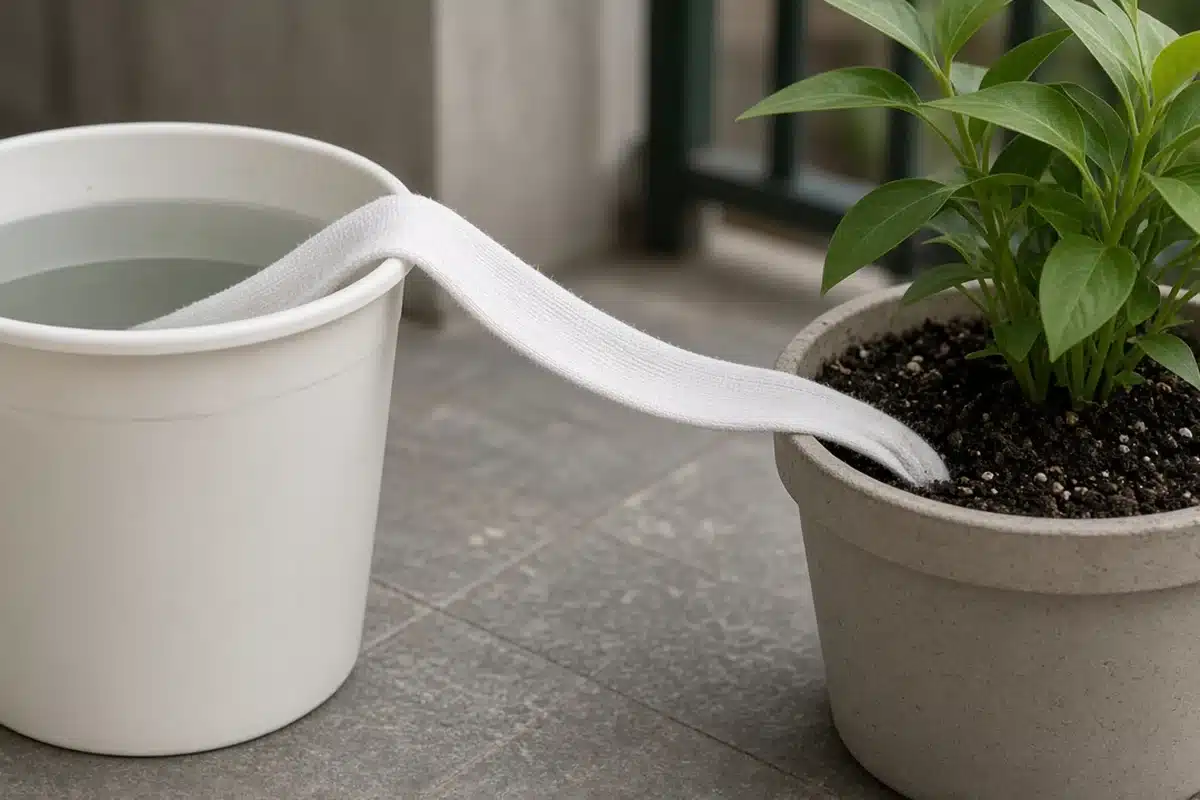 Cotton wick running from a bucket of water into a potted plant's soil