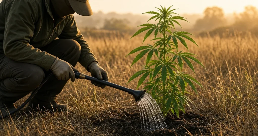 Watering during drought: a gardener watering the base of an outdoor cannabis plant in the morning