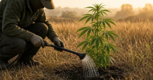Watering during drought: a gardener watering the base of an outdoor cannabis plant in the morning