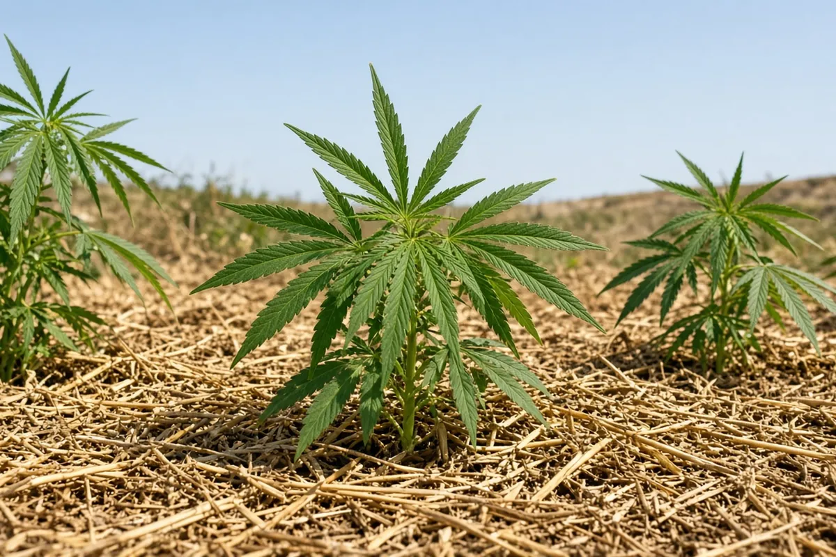 Straw mulch spread around the base of outdoor cannabis plants in dry weather