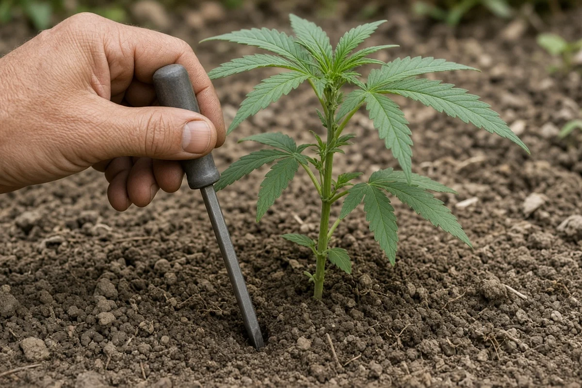 Hand pushing a screwdriver into garden soil to test moisture