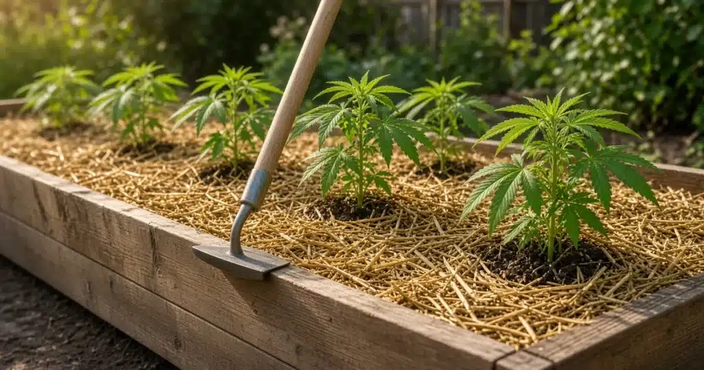 Weed Control in Outdoor Cannabis: young plants in a clean mulched bed