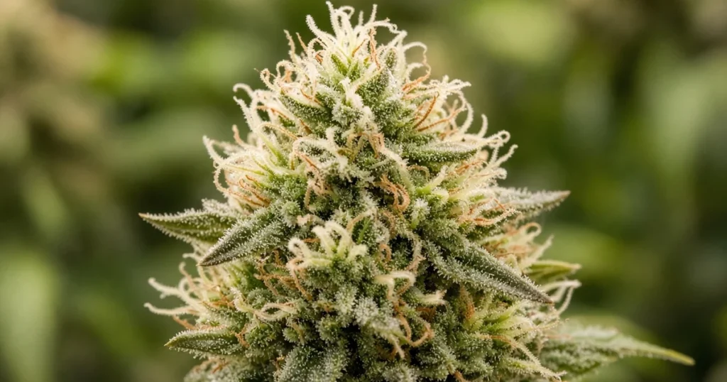 Cannabis cola in week five of flowering with swelling buds and white pistils
