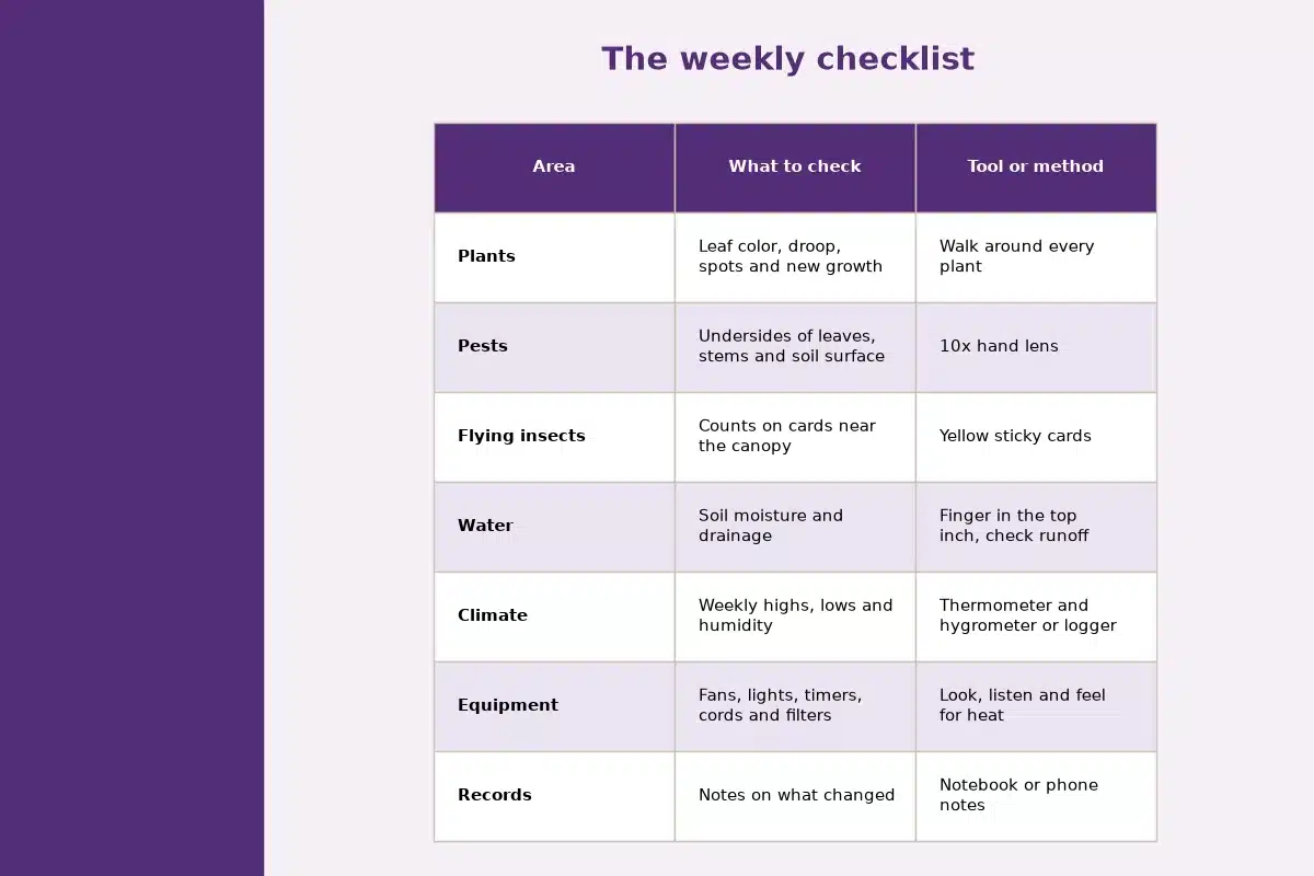 Table chart titled The weekly checklist, comparing what to check, tool or method for each area