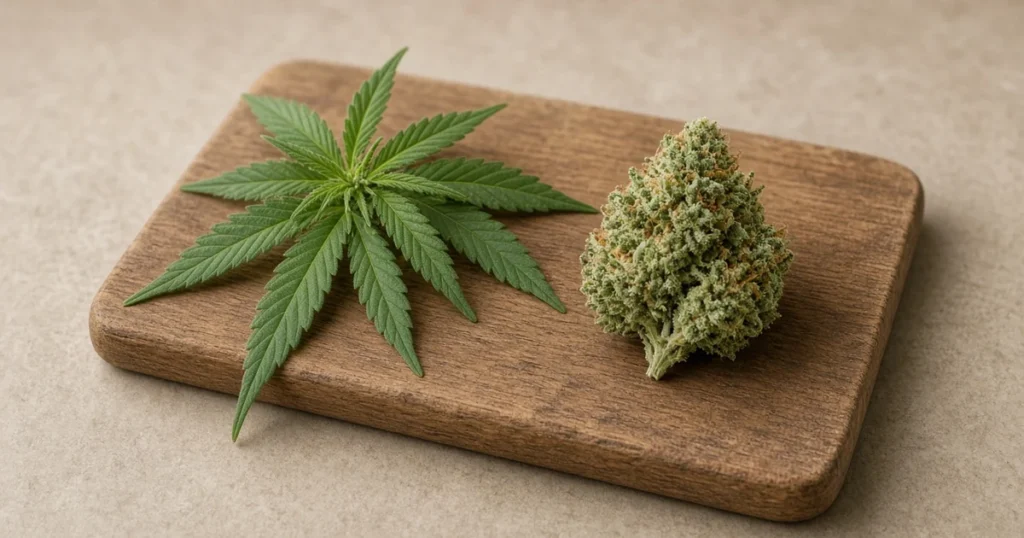 Fresh raw cannabis leaves and an uncured bud resting on a wooden cutting board