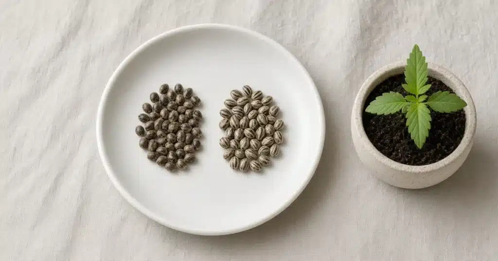 Two small piles of cannabis seeds on a white plate beside a potted seedling