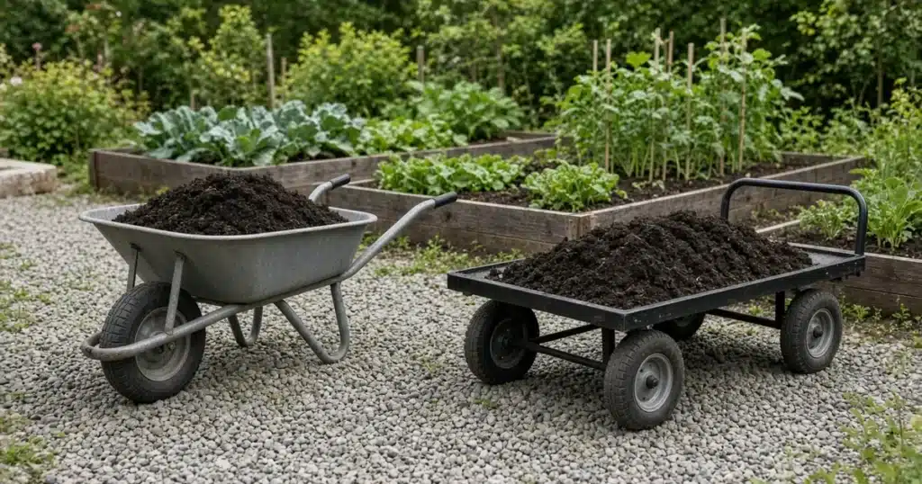 Single wheel steel wheelbarrow and a four wheel flatbed garden cart, both heaped with dark compost, on a gravel path beside raised garden beds