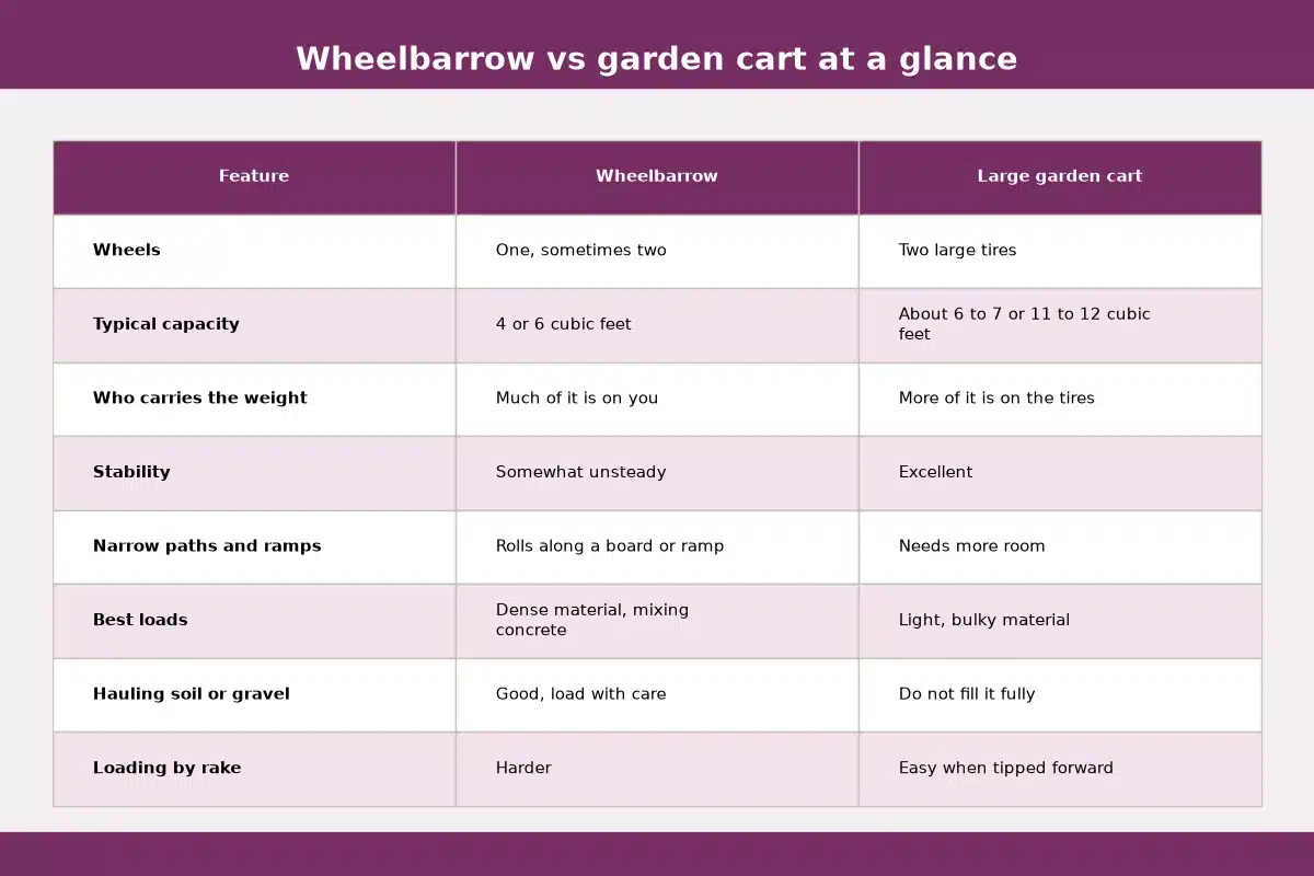 Table chart titled Wheelbarrow vs garden cart at a glance, comparing wheelbarrow, large garden cart for each feature