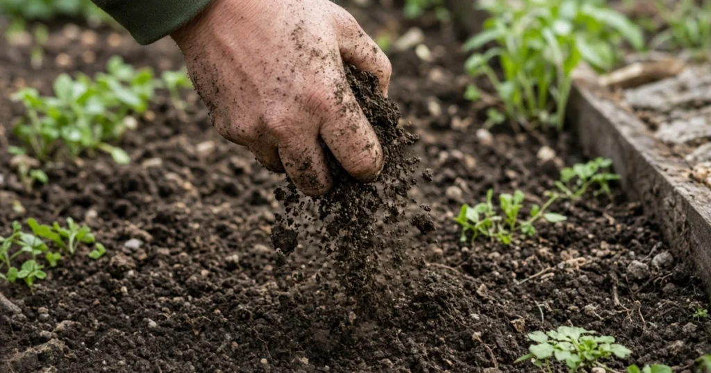 When is soil ready to work: a hand squeezing garden soil that crumbles through the fingers