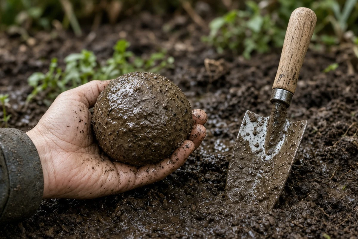 Muddy ball of wet soil held in a hand, showing soil too wet to work
