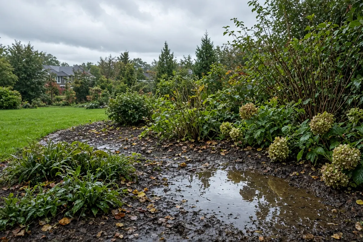 Standing water in the low corner of a garden bed after heavy rain