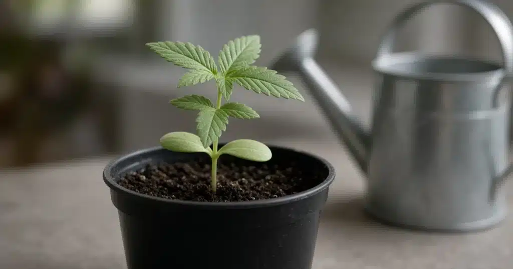 When to start feeding cannabis seedlings: a young seedling with true leaves