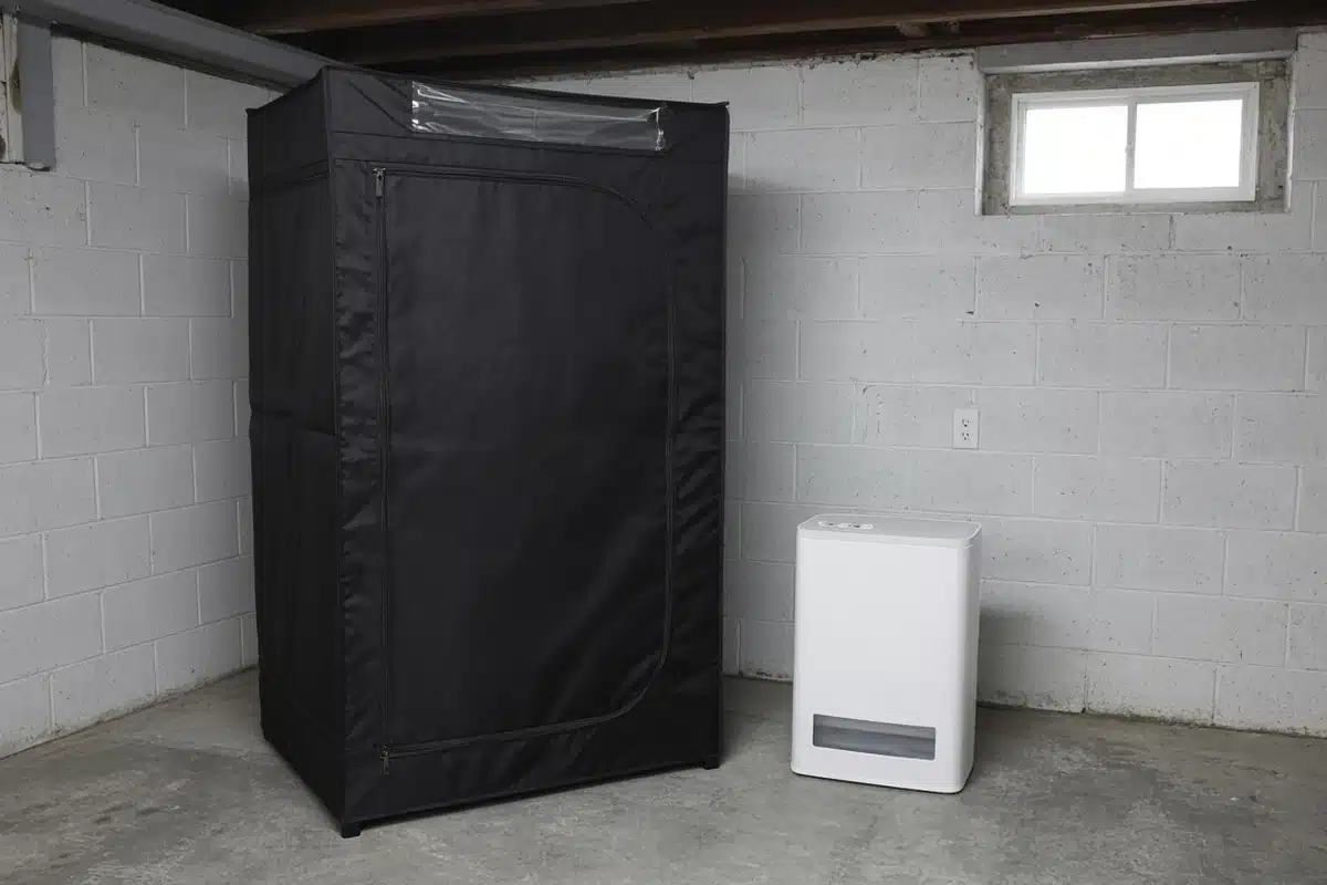 Black grow tent standing on the concrete floor of a basement beside a white dehumidifier and a wall outlet