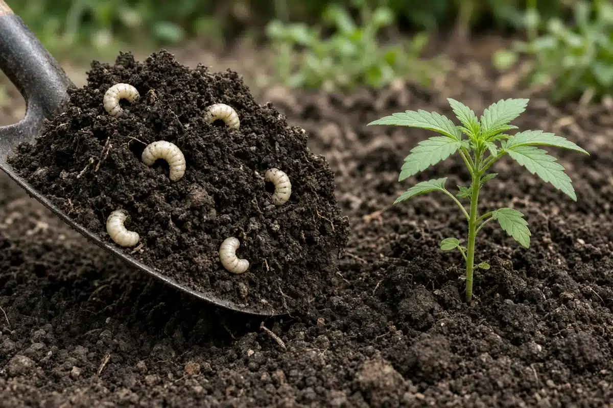 Square of garden soil dug up with a spade to count grubs near a young plant