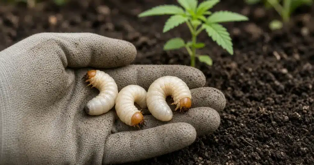 White grubs in cannabis soil: C-shaped beetle larvae held over a garden bed