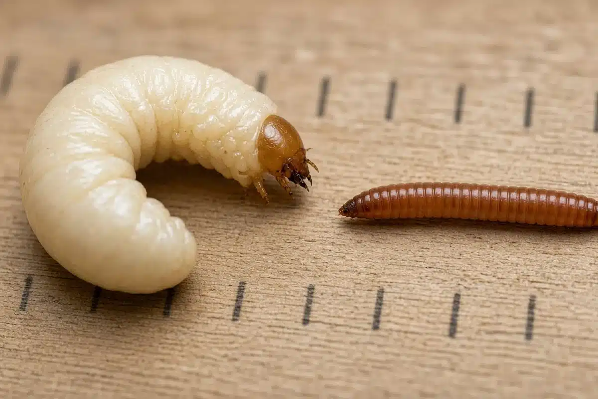 C-shaped white grub beside a slim wireworm on a ruler for size comparison