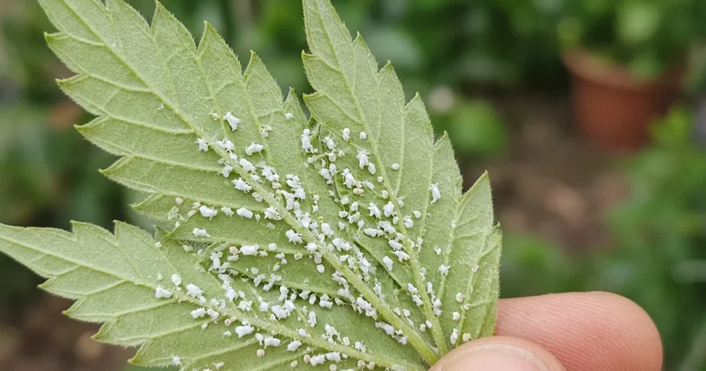 White adult whiteflies under a cannabis leaf