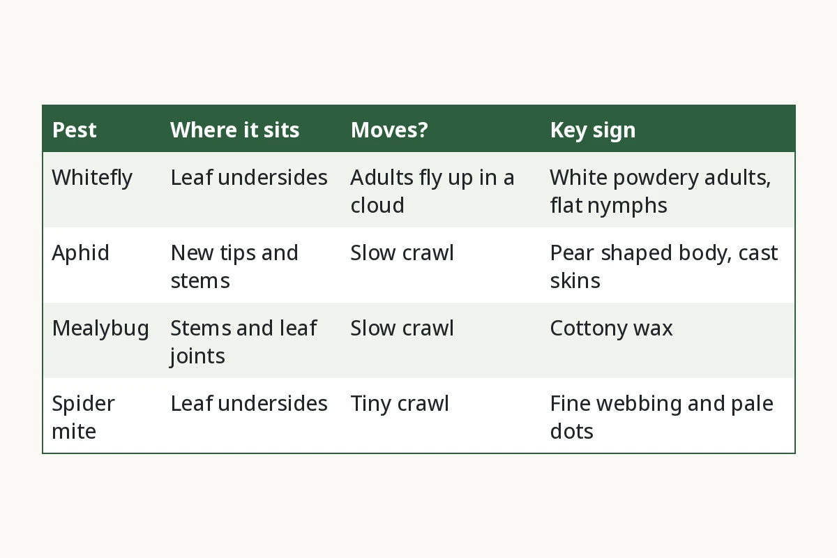 Chart comparing whiteflies, aphids, mealybugs and spider mites