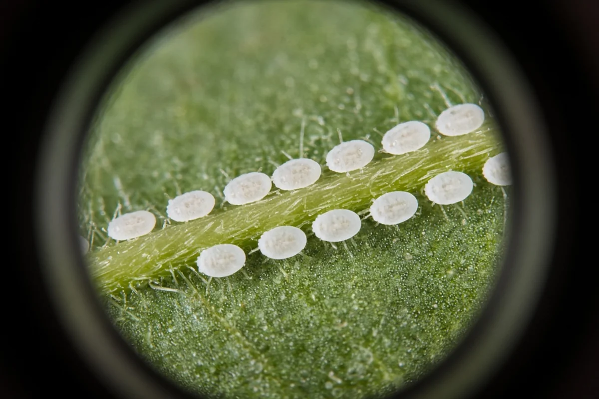 Flat pale whitefly nymphs along a leaf vein seen with a hand lens