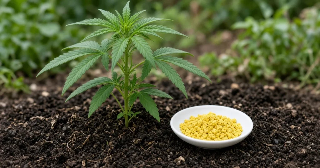 Healthy cannabis plant beside a small dish of yellow sulfur granules on soil
