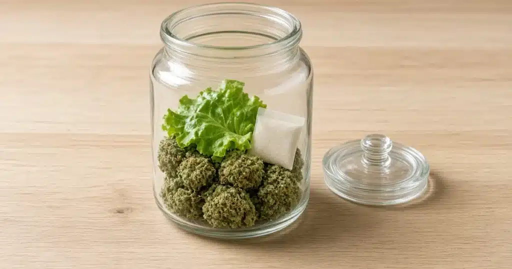 Glass jar of dried cannabis buds with a lettuce leaf and humidity pack, lid beside it