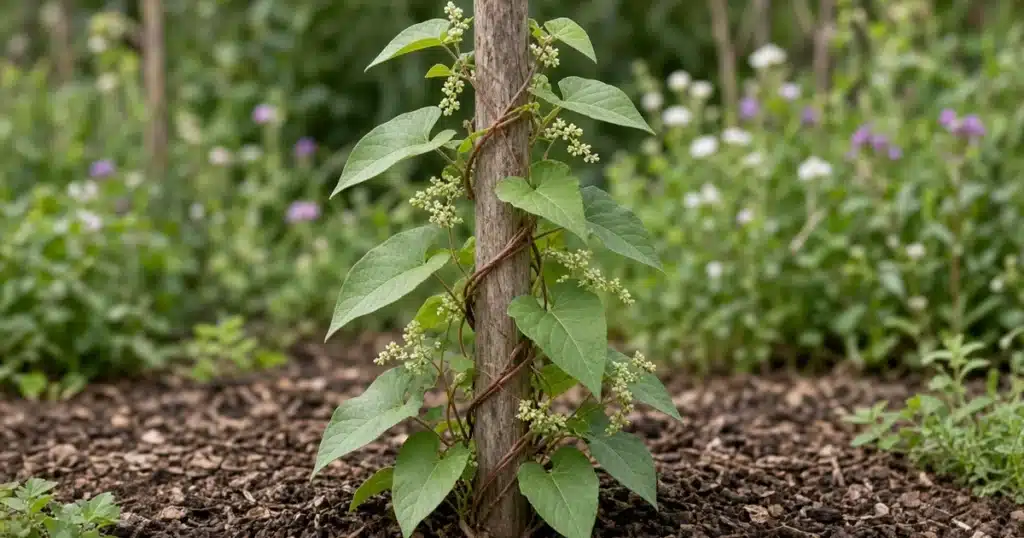 Wild buckwheat vine twining up a wooden stake in a garden bed