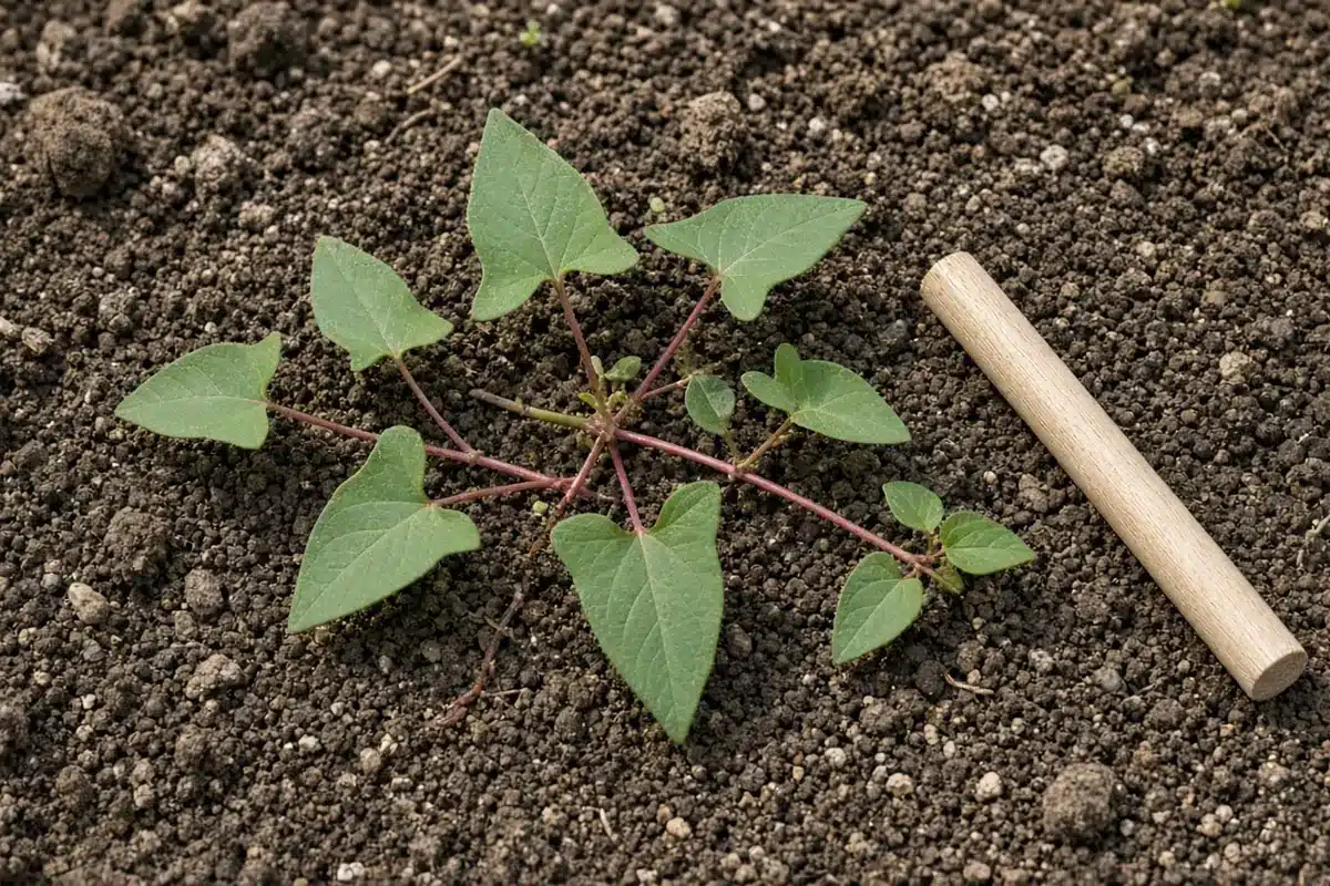 Wild buckwheat with heart-shaped leaves on reddish stems on soil beside a wooden dowel
