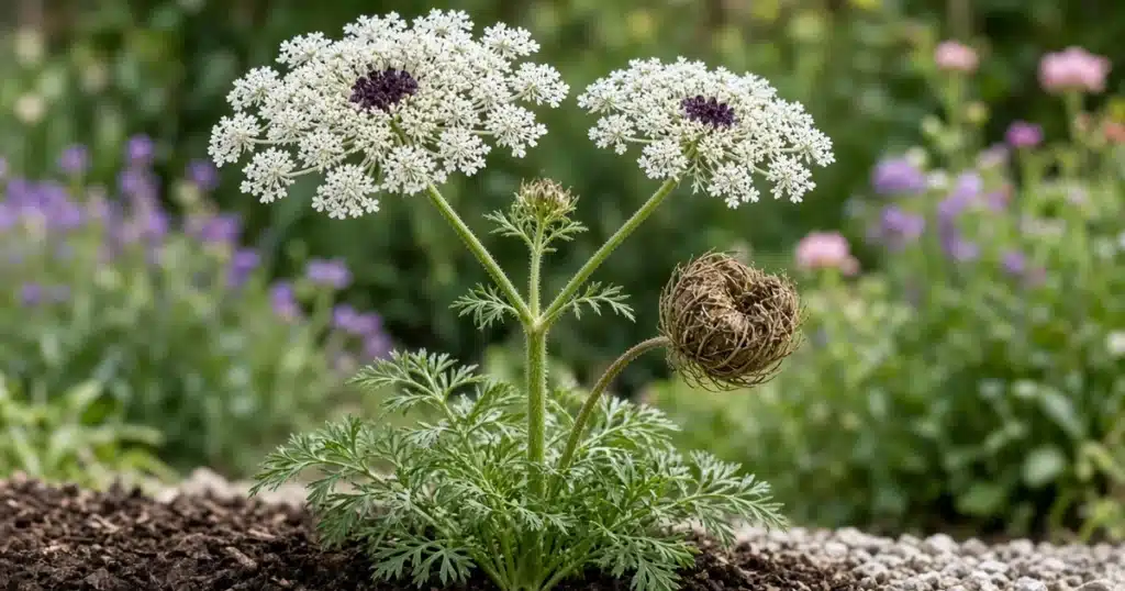 Wild carrot with flat white lacy flower clusters in a garden bed