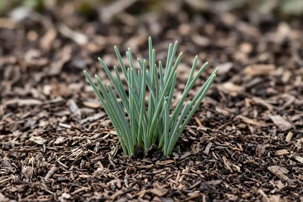 Wild garlic clump of thin hollow leaves in a mulched bed