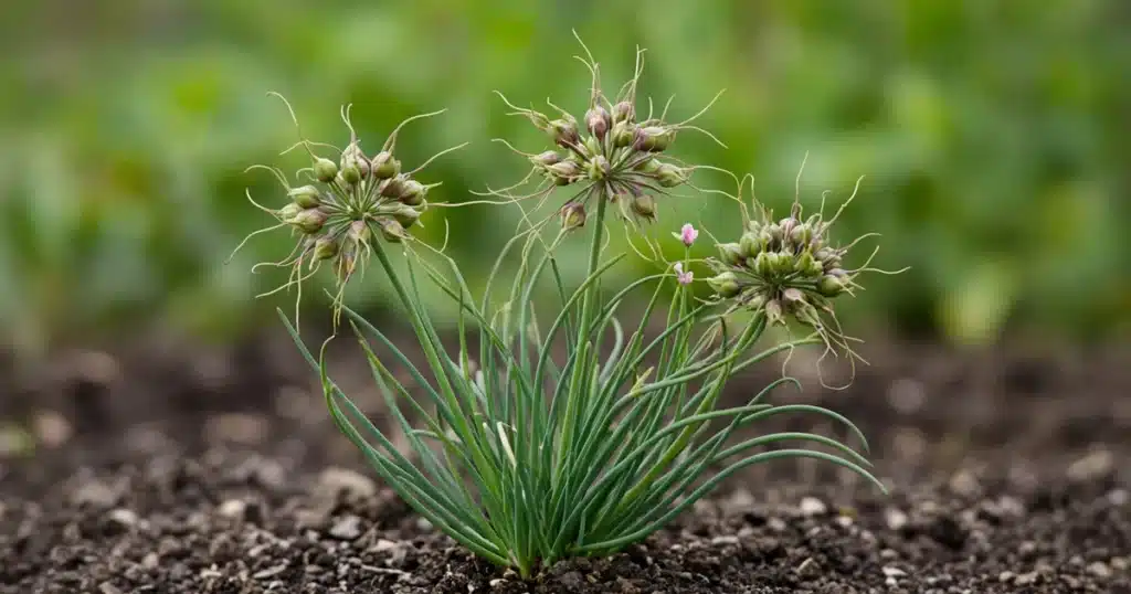 Wild garlic clump with thin leaves and bulblet heads in a garden bed