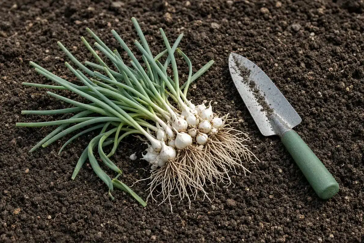 Pulled wild garlic clump with small white bulbs beside a green-handled trowel