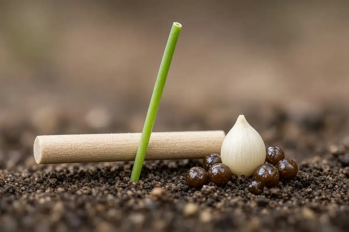 Thin hollow wild garlic leaf beside a wooden dowel and a small bulb with hard-coated bulblets on soil