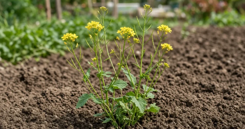 Wild mustard plants with bright yellow four petal flowers and slender pods at the edge of a garden