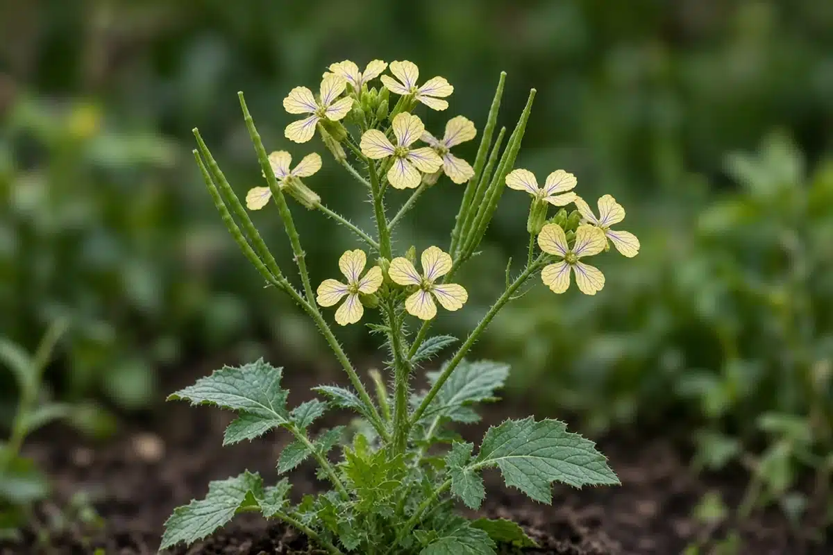 Wild radish with pale yellow four-petal flowers and lobed leaves