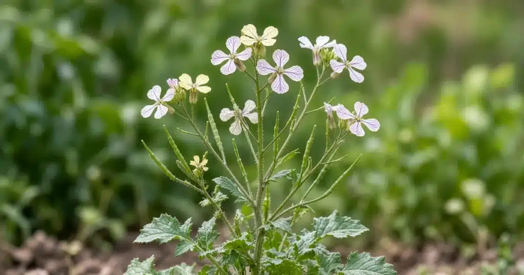 Wild radish with pale four-petal flowers in a garden bed