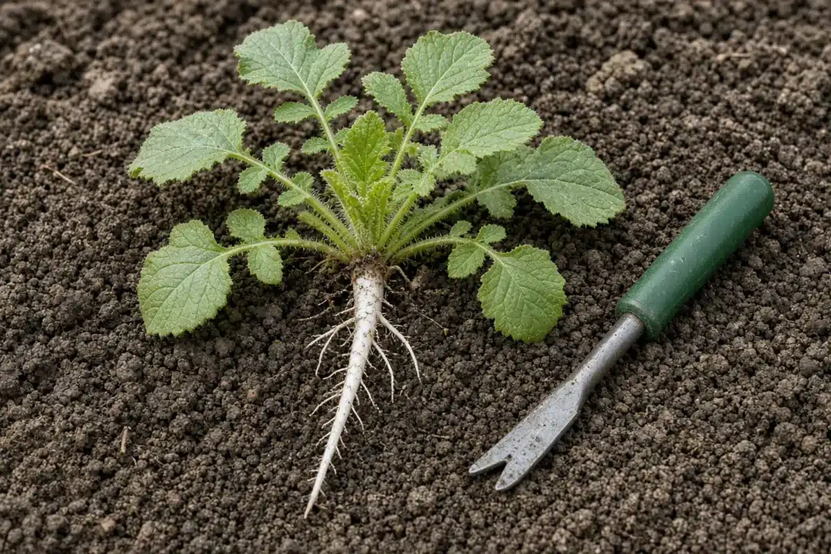 Pulled wild radish rosette with pale taproot beside a green-handled weeding fork