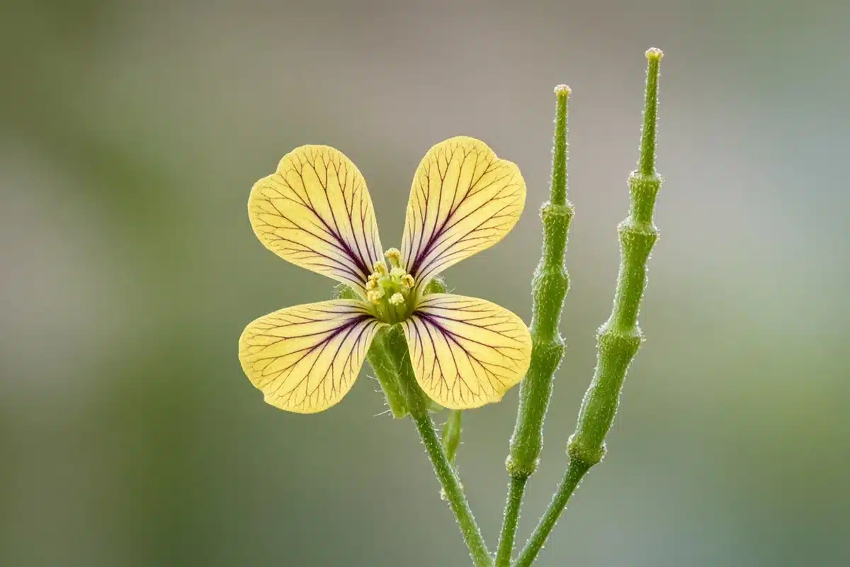 Wild radish yellow flower with dark veins beside beaded seed pods