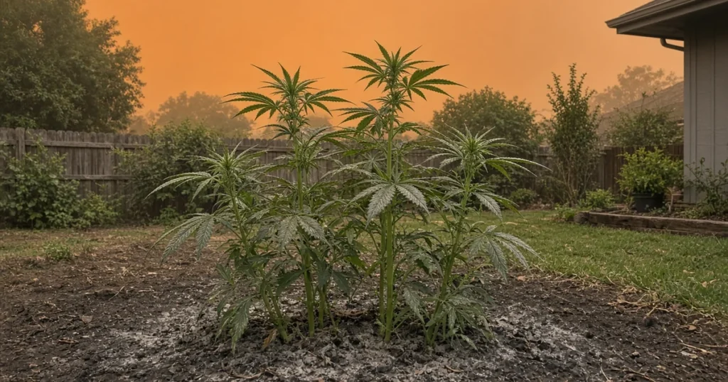 Backyard cannabis plants in vegetative growth dusted with gray ash under a hazy sky