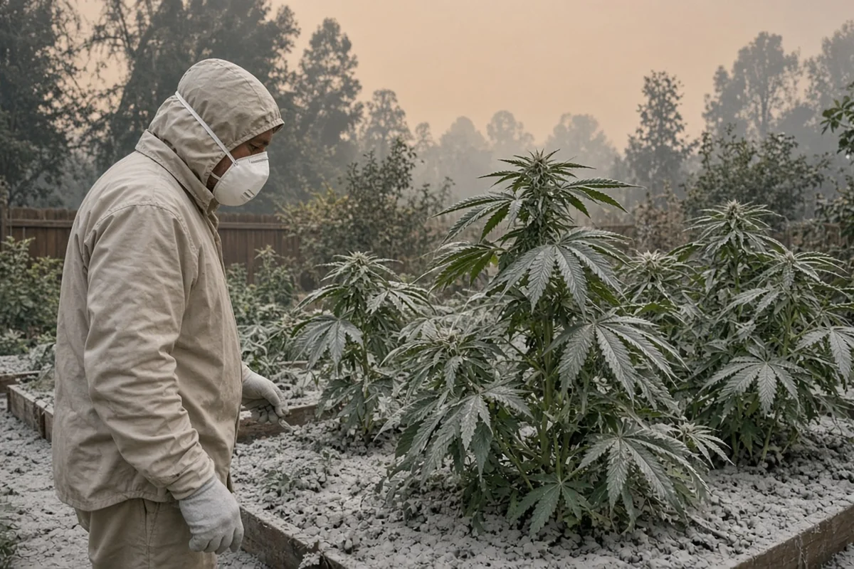Gardener wearing an N95 mask, gloves and long sleeves in a garden dusted with gray ash
