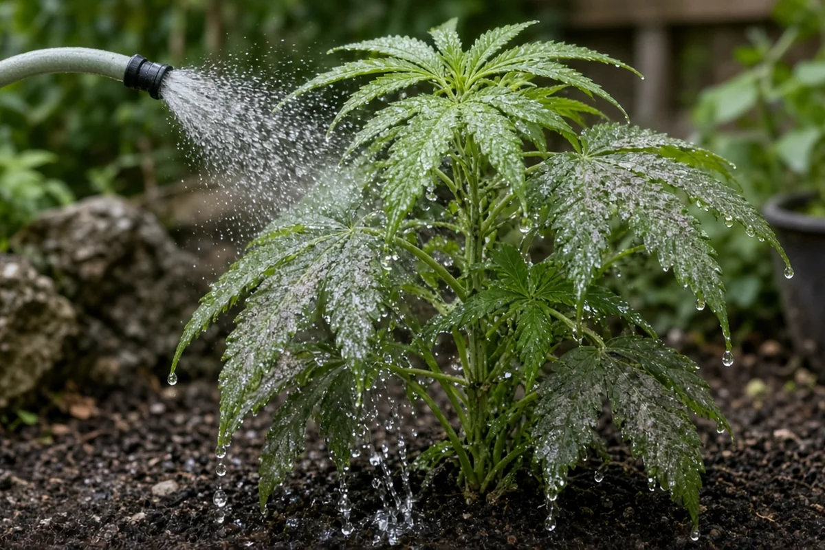 Gentle hose spray rinsing gray ash off cannabis fan leaves and stems, with no flowers in the frame