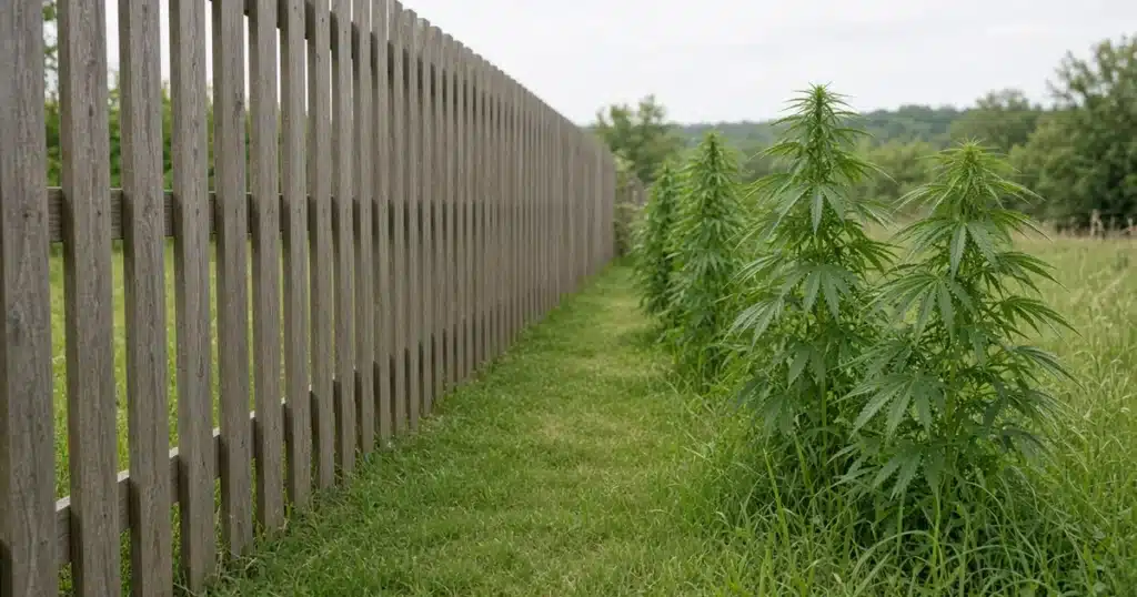 Windbreaks for outdoor cannabis: a slatted fence sheltering a row of young plants