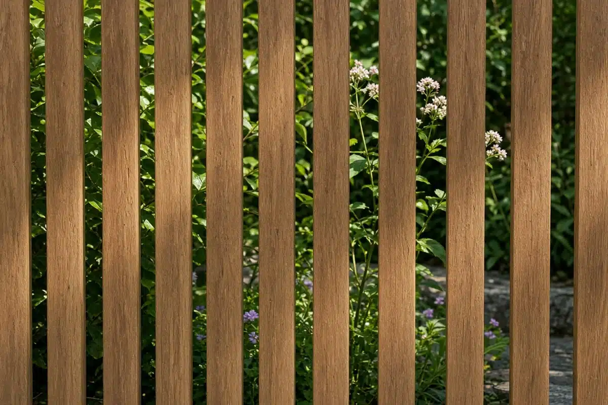 Close view through a slat fence with about half its surface open to the wind