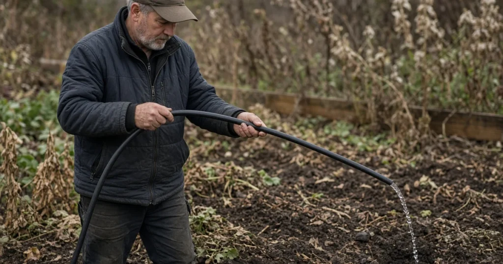 Winterize drip irrigation: a gardener lifting drip tubing so water drains from the open end